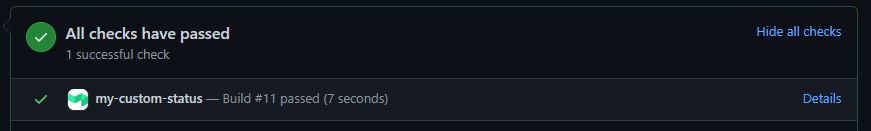 Screenshot of GitHub build settings and the resulting GitHub pull request statuses