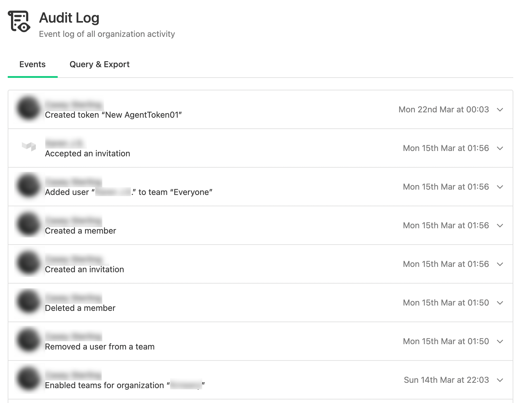 Organization activity in Audit Log