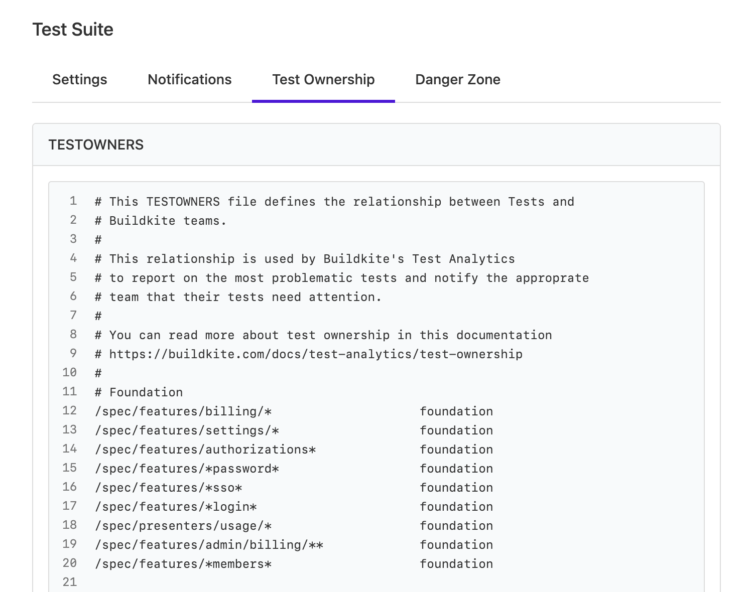 Suite settings page showing test ownership